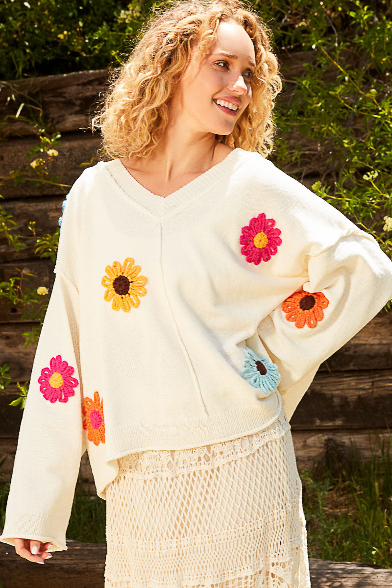 V-Neck Relaxed Fit Floral Patch Sweater