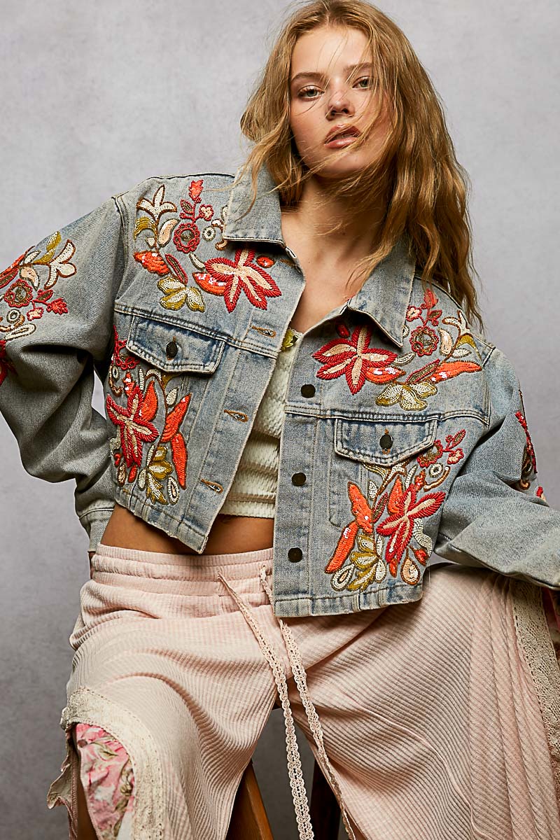 Beaded Embroidered Waist Tab Denim Jacket