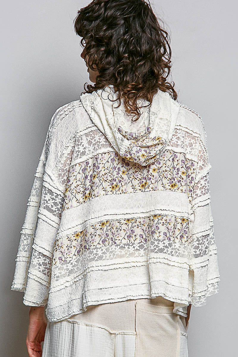 Floral Print Patch & Lace Hooded Top