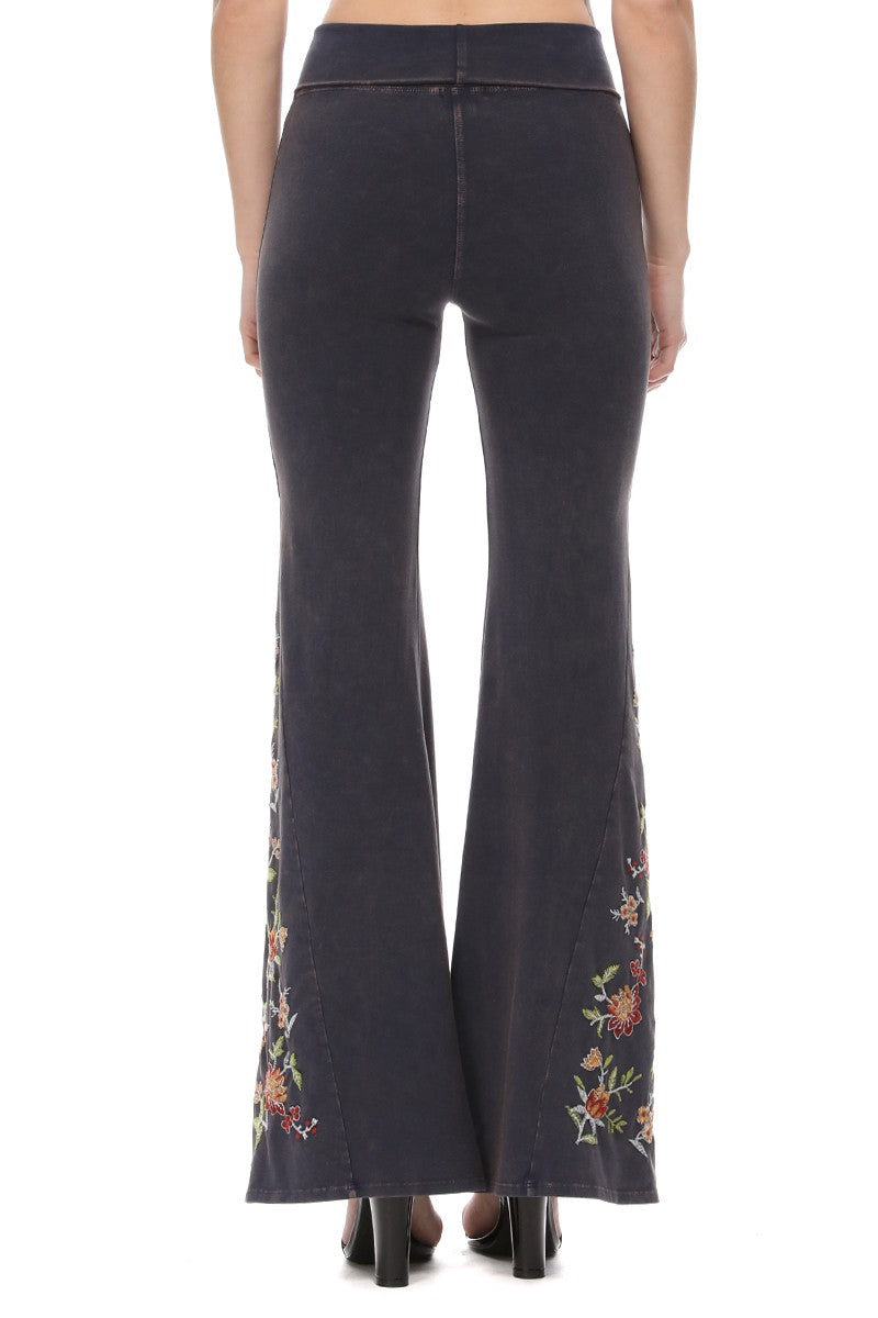 Mineral Wash Floral Embroidered Flare Yoga Pants