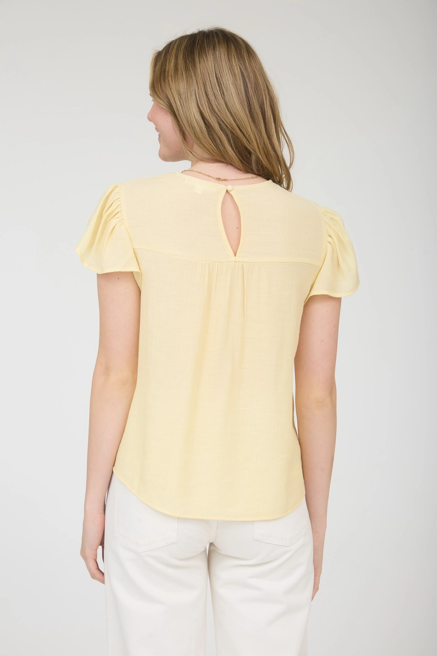 Floral Embroidery Yoke Detail Flounce Sleeve Top