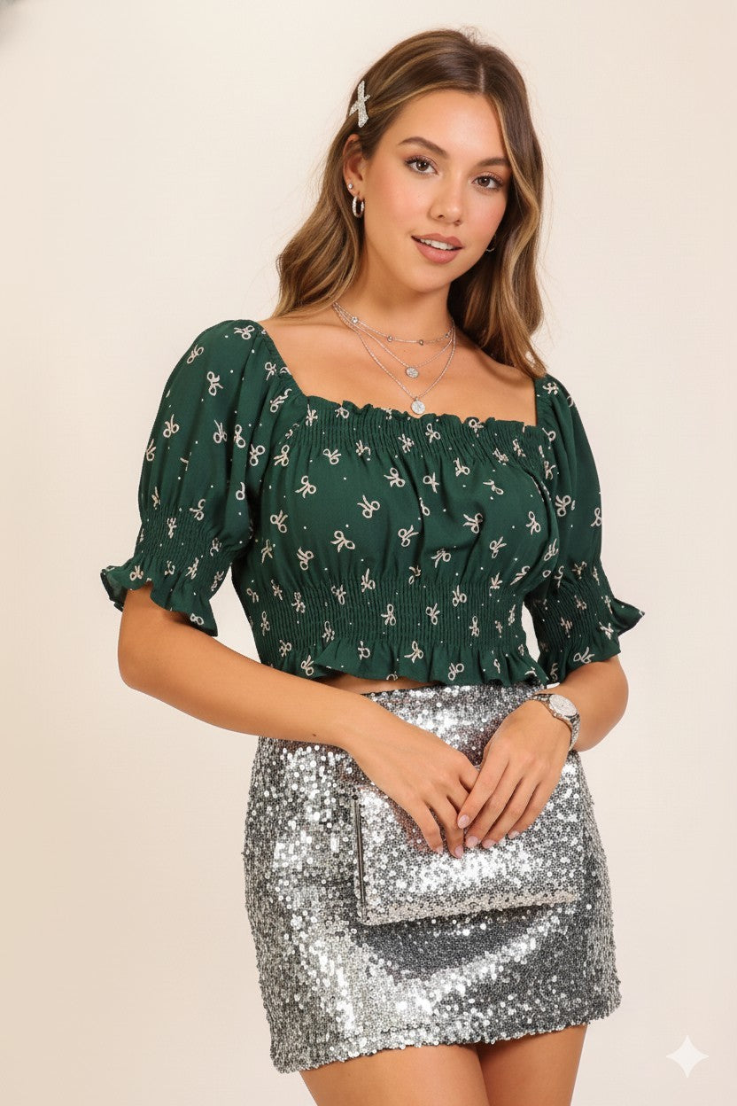 Smocked Puff Sleeve Bow Print Peasant Top