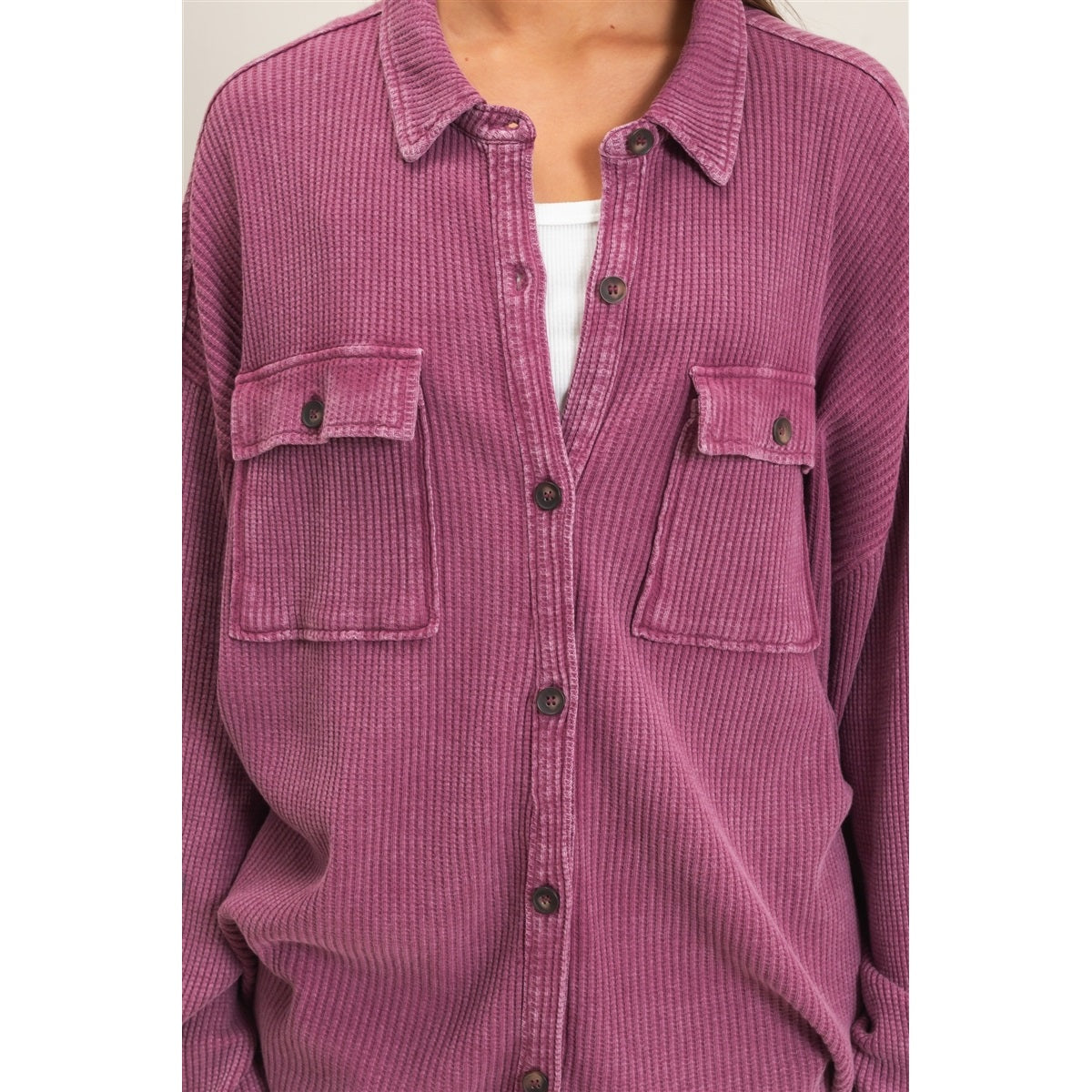 Mineral Wash Waffle Knit Button-Up Jacket