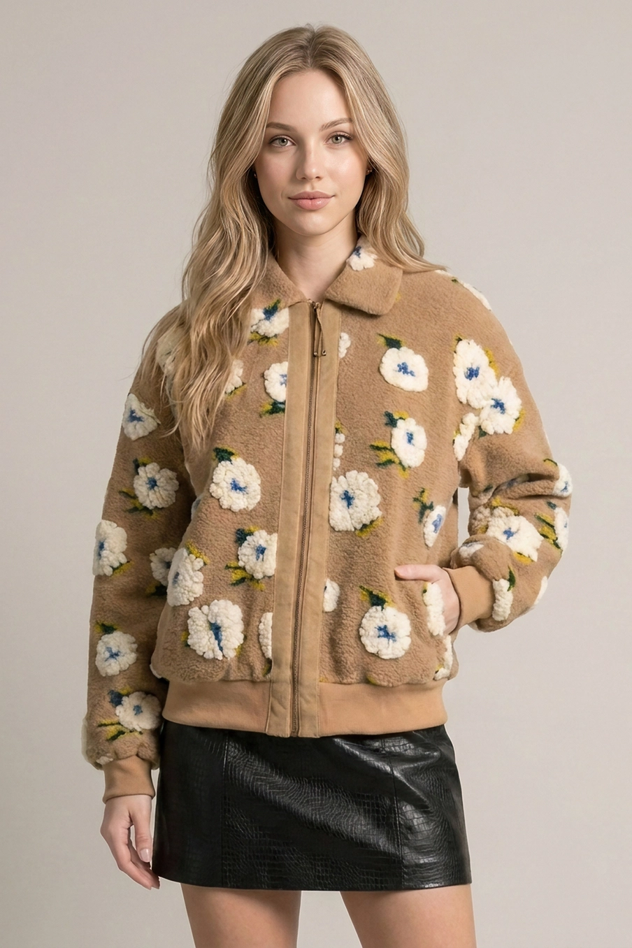 Floral Sherpa Fleece Front Zip Jacket