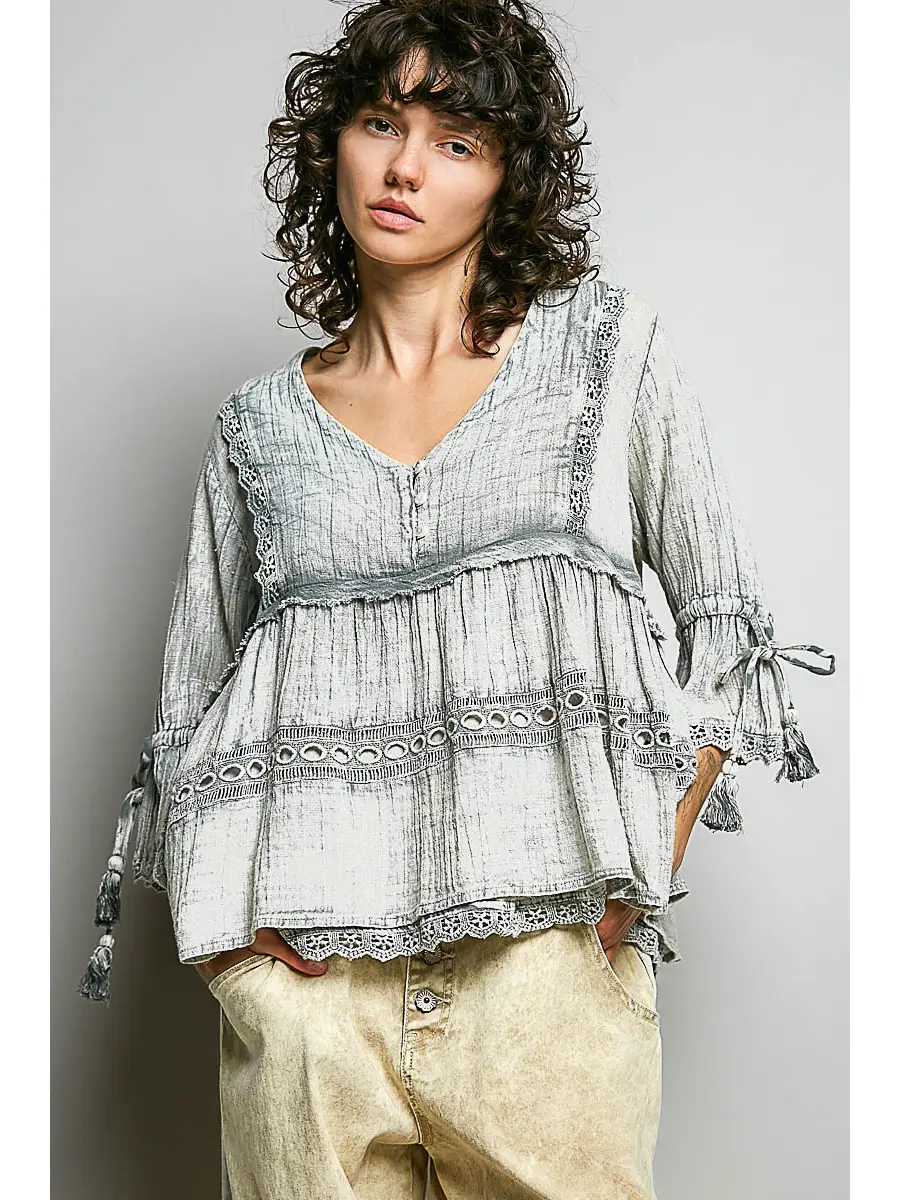 V-Neck Embroidery Ruffle Top