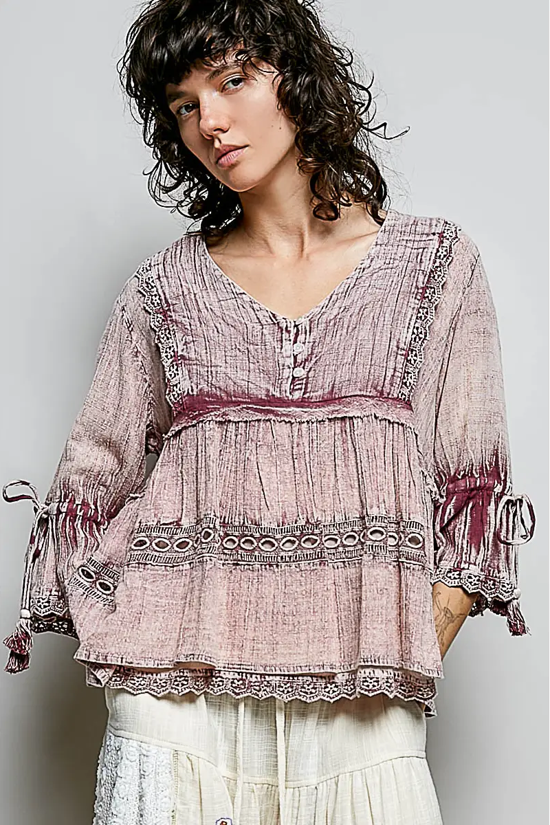 V-Neck Embroidery Ruffle Top