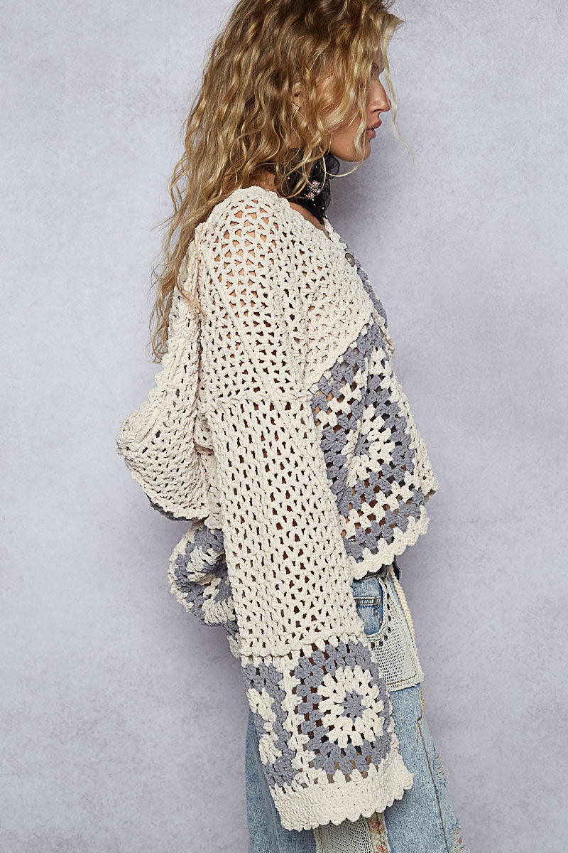 Hand Knit Squares Hooded Button Closure Cardigan