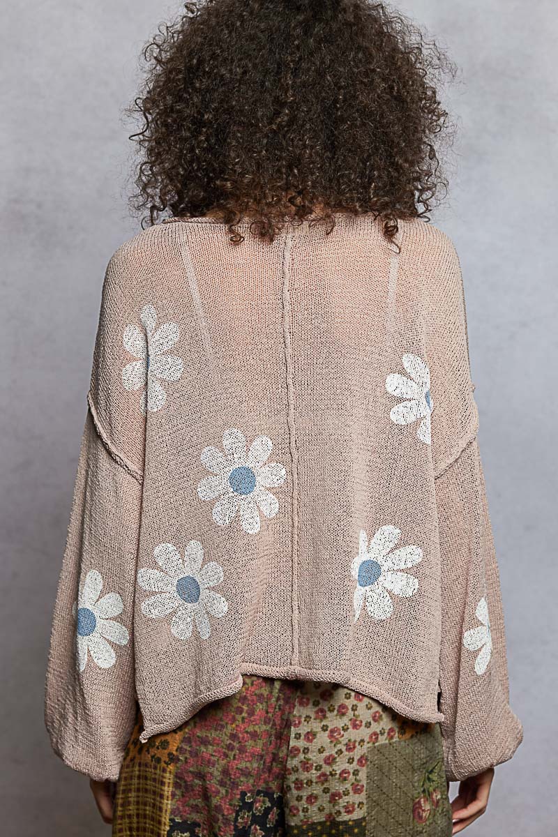 Round Neck Balloon Sleeve Floral Print Thin Sweater