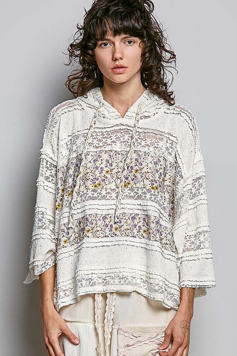 Floral Print Patch & Lace Hooded Top