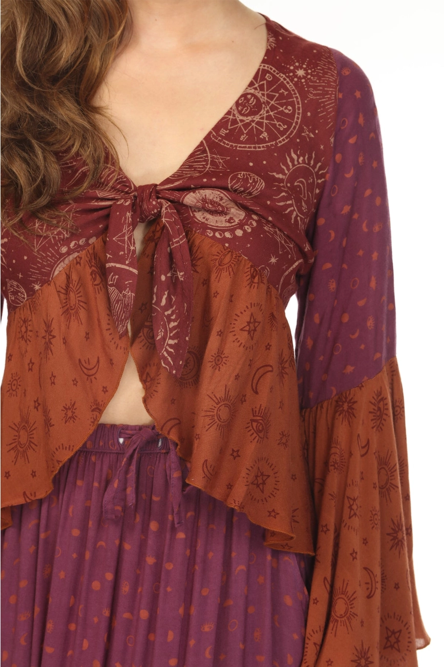 Celestial Patchwork Tie Front Top