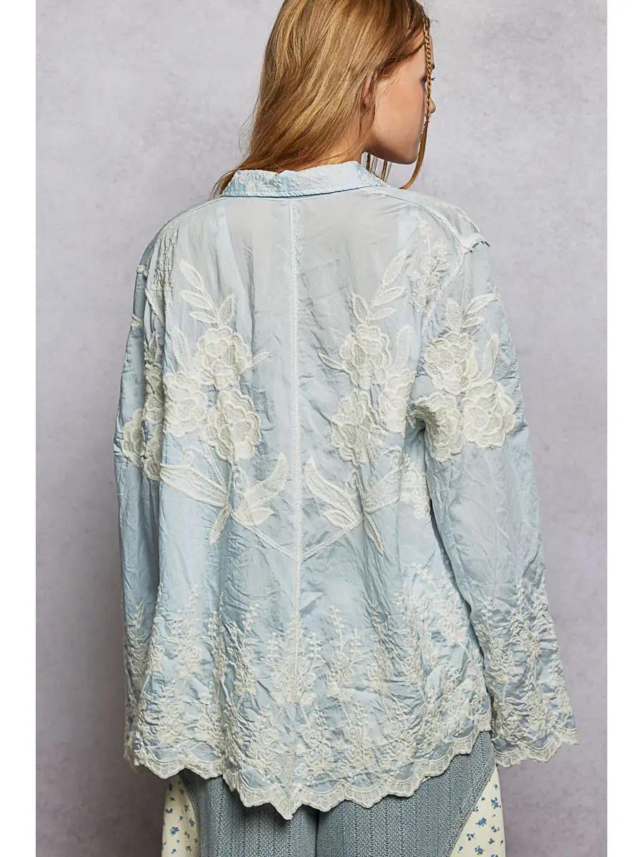 Long Sleeve Embroidered Scalloped Edge Shirt Top Blue