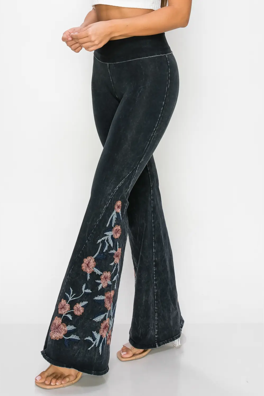Mineral Wash Floral Embroidered Flare Pants