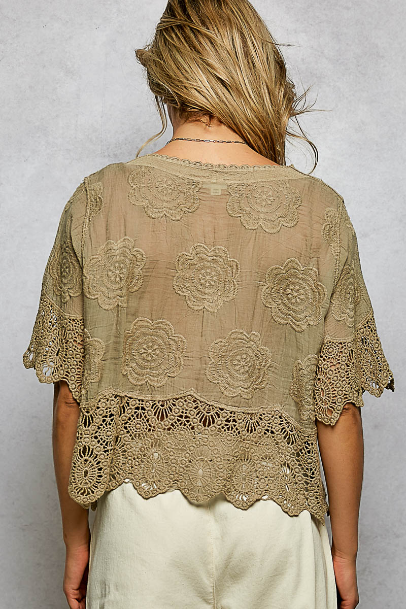 Crochet Trim Short Sleeve Jacket Top