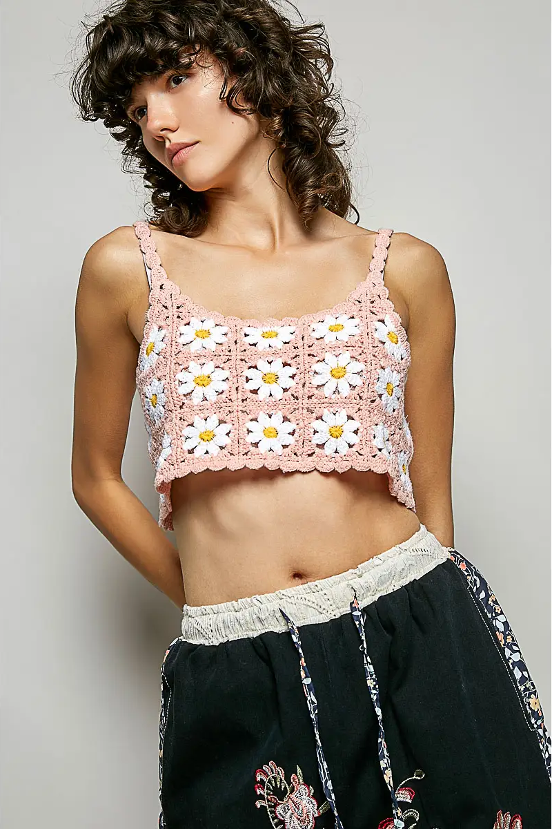 Floral Crochet Tank Crop - One Size