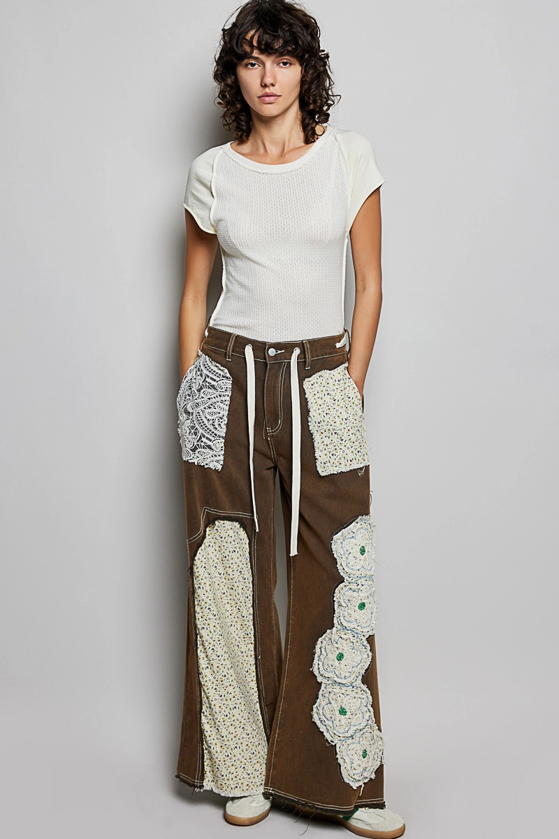 Drawstring Floral Patch Denim Pants