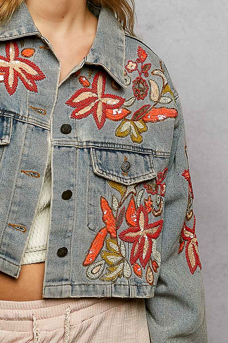 Beaded Embroidered Waist Tab Denim Jacket