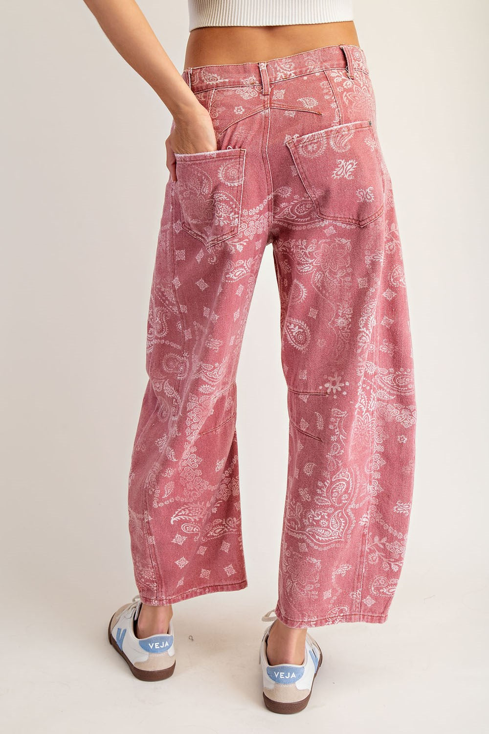 Mineral Washed Paisley Printed Barrel Jeans