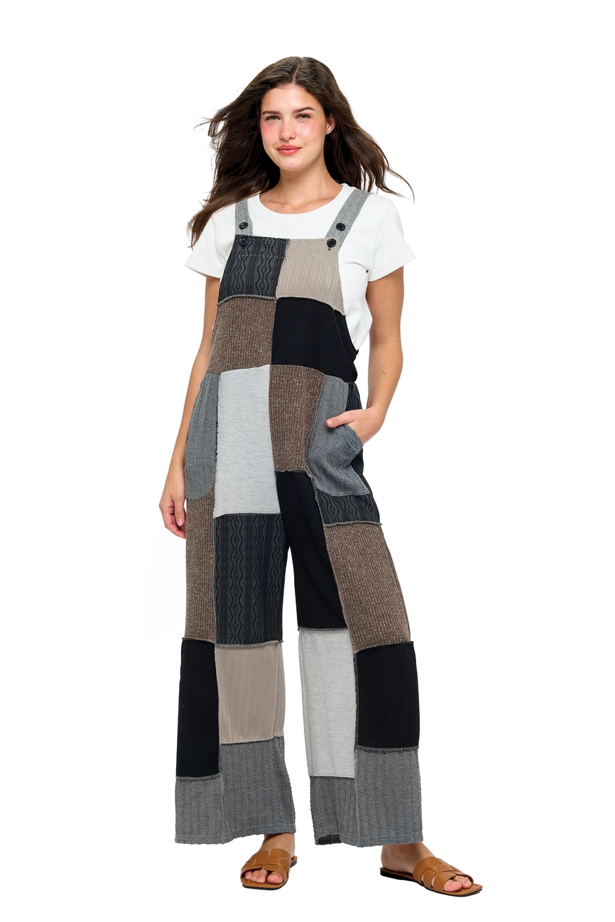 Color-block Ribbed Patchwork Overall