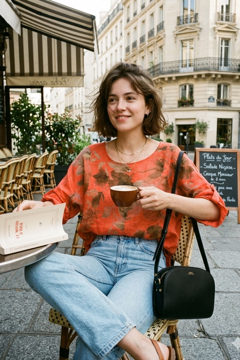 Rolled Sleeve Floral Blouse-100% Linen