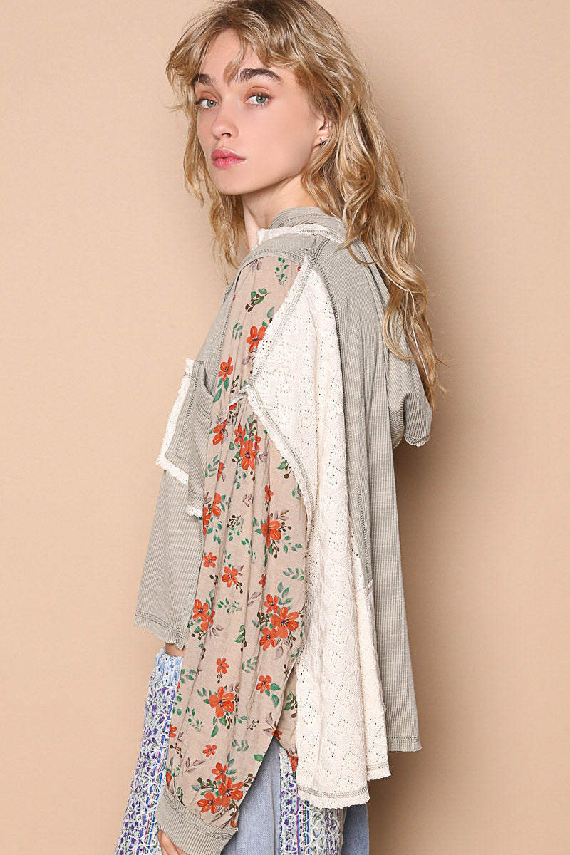 Hooded Balloon Sleeve Floral Top
