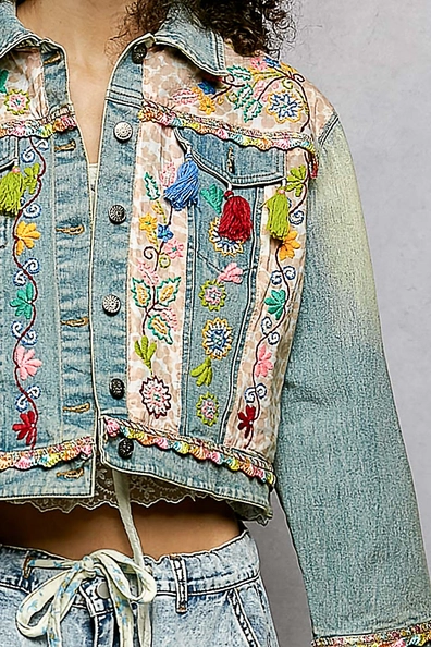 Floral Embroidery Lace Denim Jacket