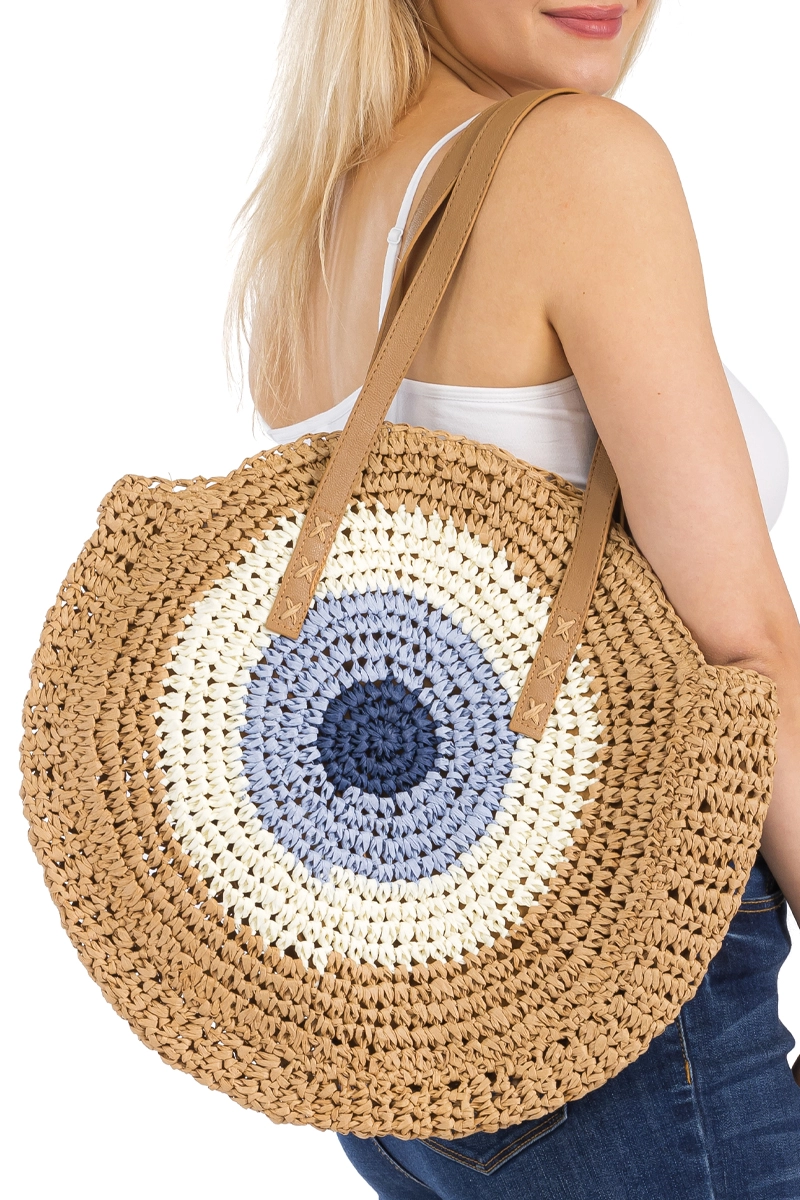 Boho Evil Eye Rattan Round Beach Tote