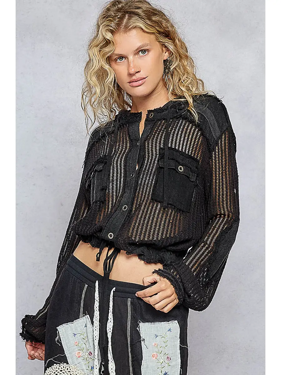 Open Knit Button Down Hooded Shirt