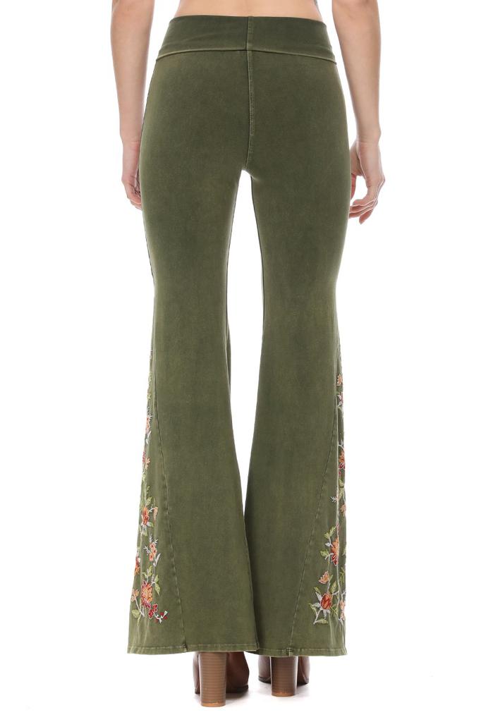 Mineral Wash Floral Embroidered Flare Yoga Pants