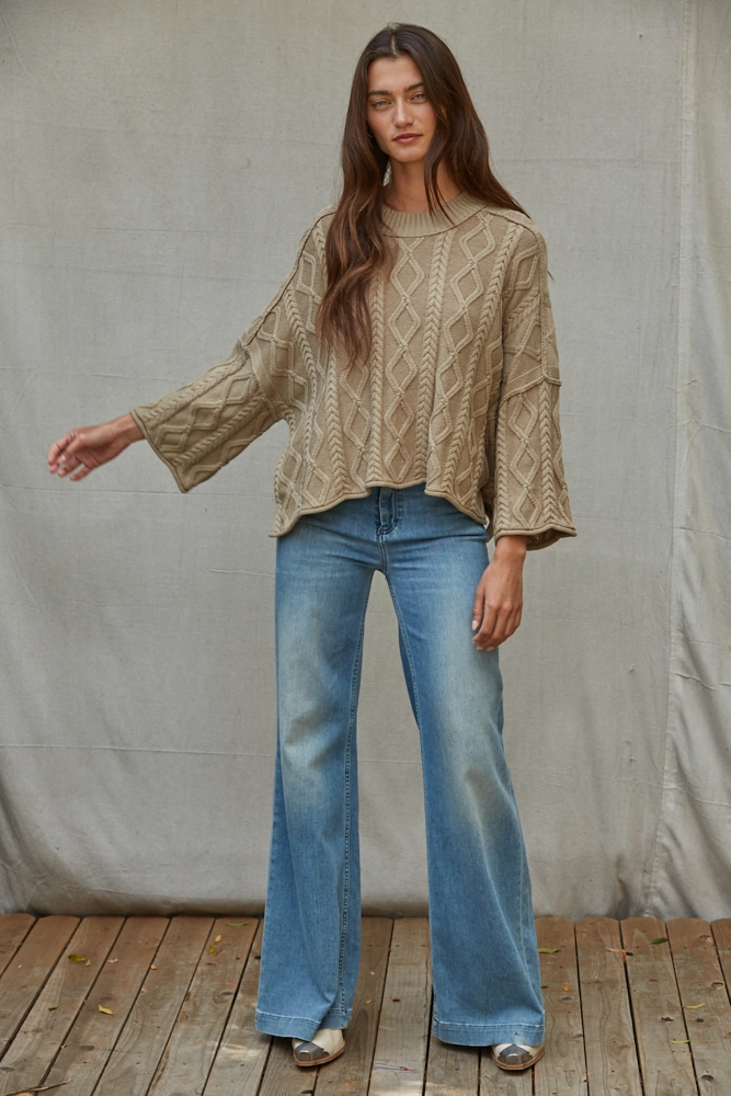 Knit Cable Sweater Cotton 3/4 Sleeve Pullover