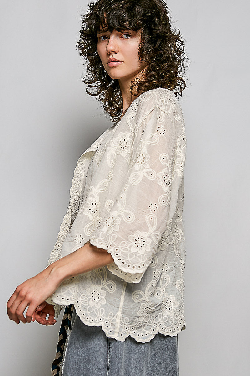V-Neck Relaxed Fit Vintage Washing Crochet Shirt Top