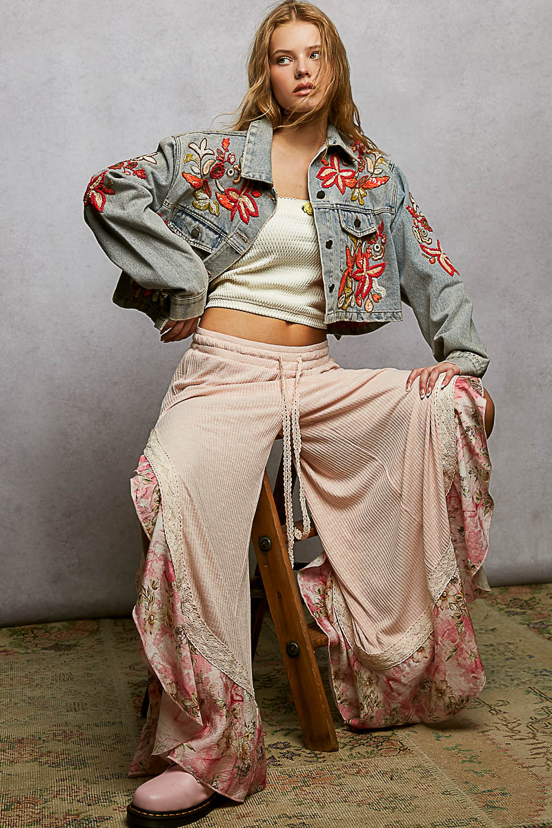 Beaded Embroidered Waist Tab Denim Jacket