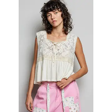 Lace Tie Front Peplum Sleeveless Top