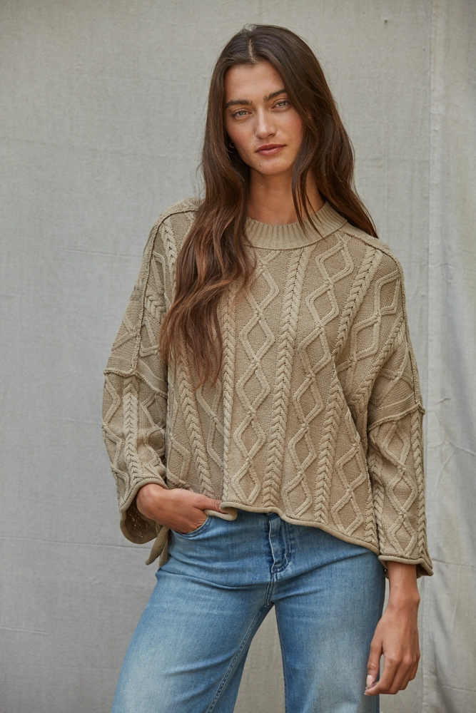 Knit Cable Sweater Cotton 3/4 Sleeve Pullover