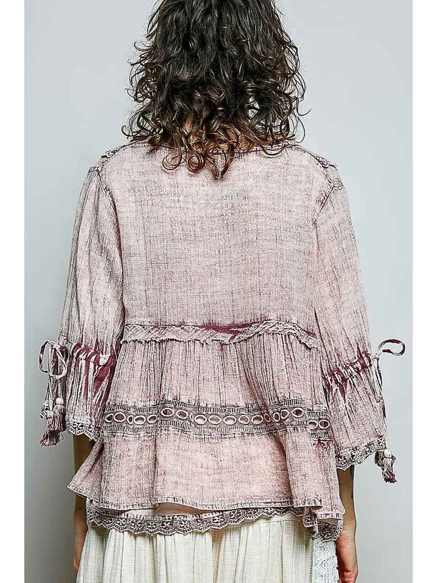 V-Neck Embroidery Ruffle Top