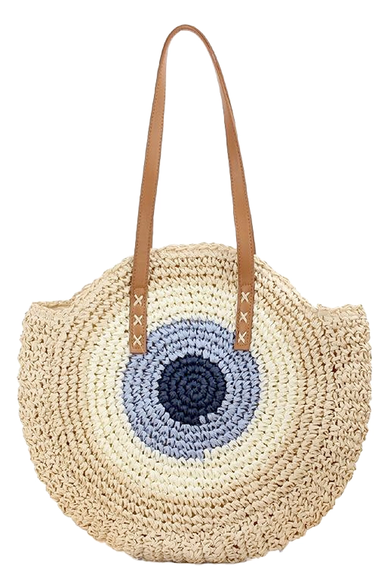 Boho Evil Eye Rattan Round Beach Tote