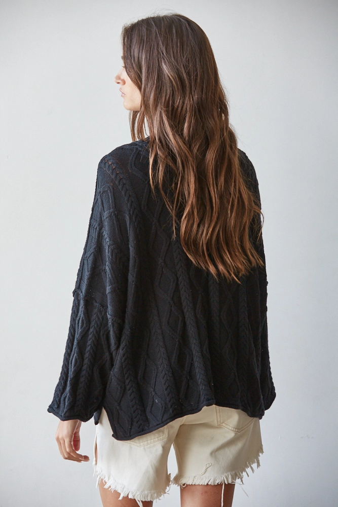Knit Cable Sweater Cotton 3/4 Sleeve Pullover