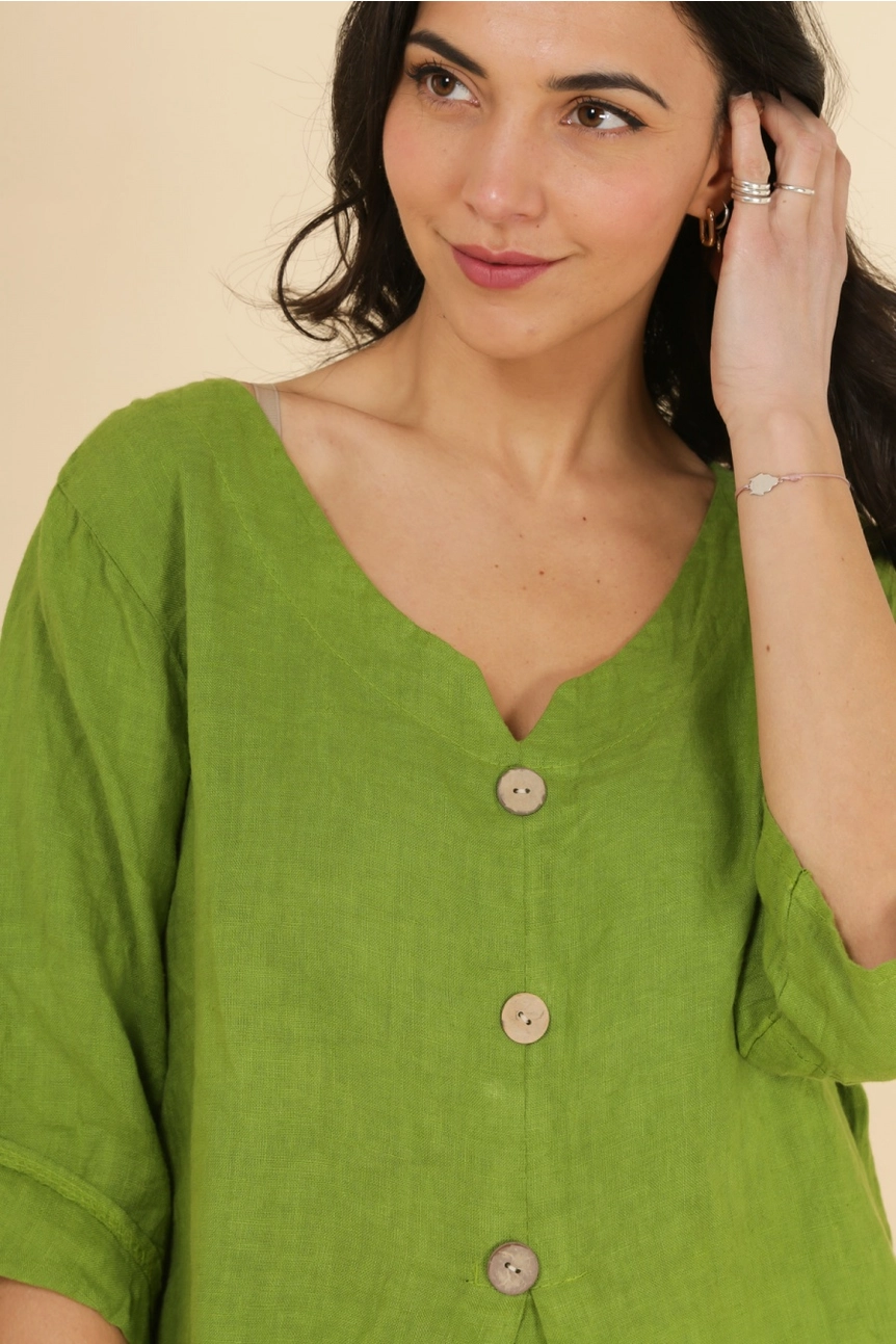 Scoop Neck Button Linen Top