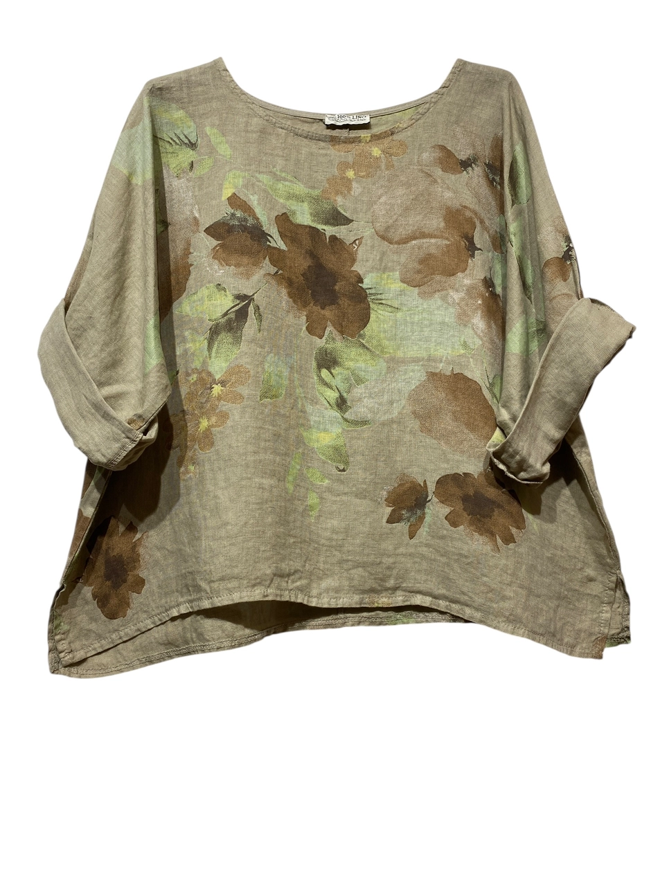 Rolled Sleeve Floral Blouse-100% Linen