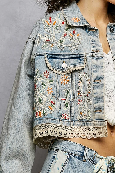 Floral Embroidery Lace Trim Denim Jacket