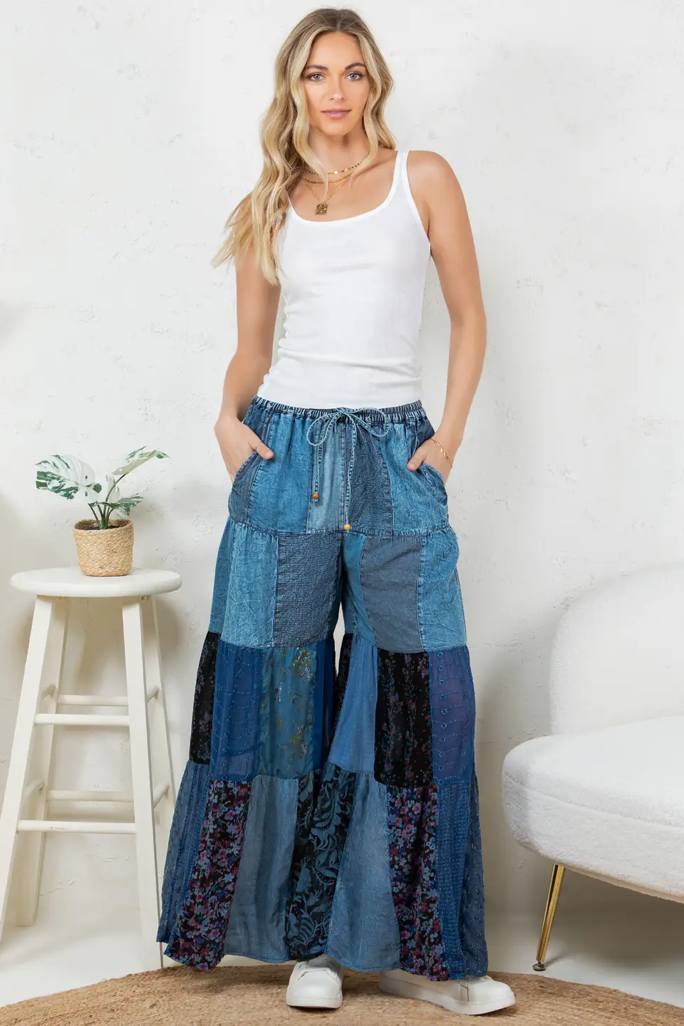 Tiered Patch Denim Pants