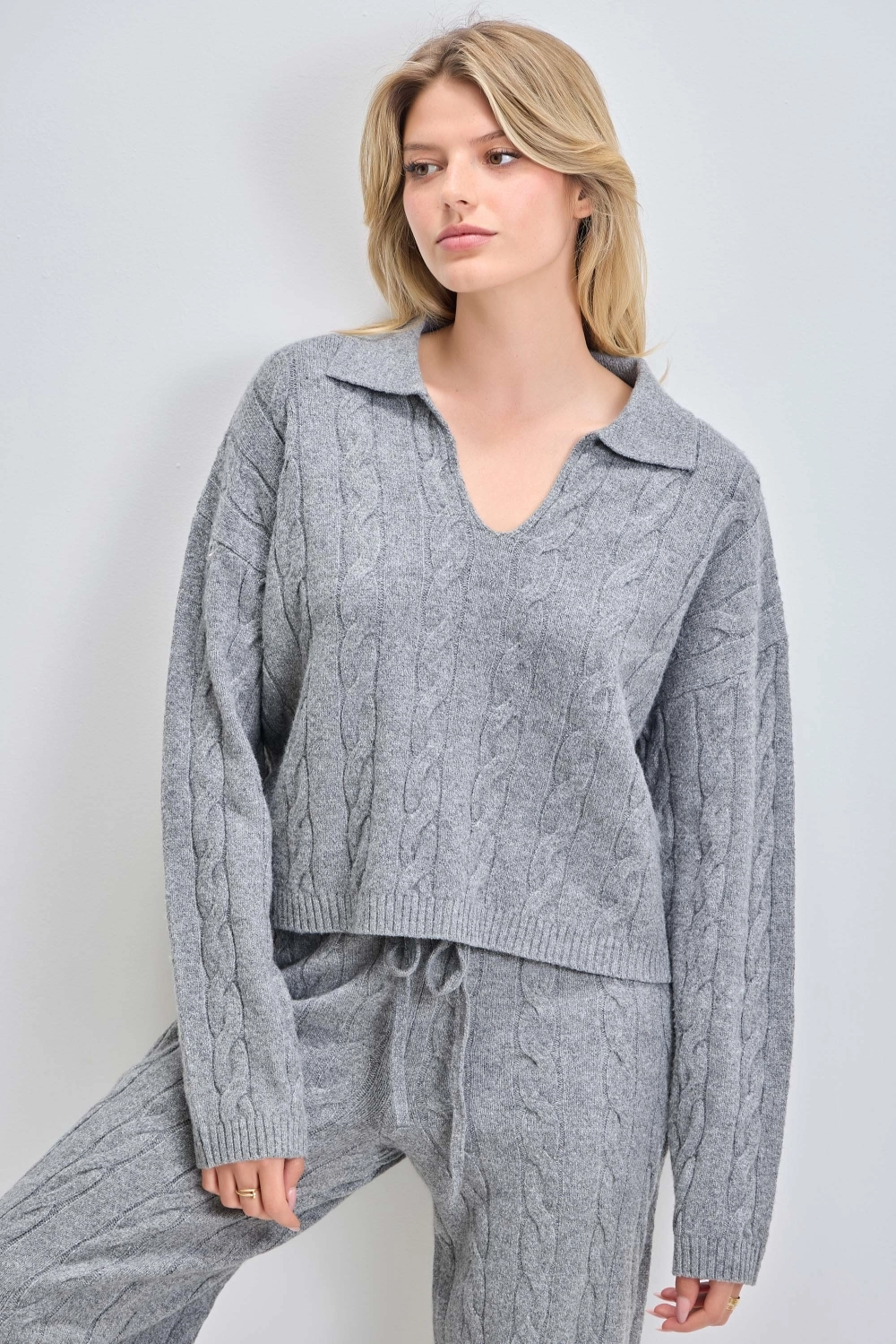 Cable Knit Collared V Neck Sweater
