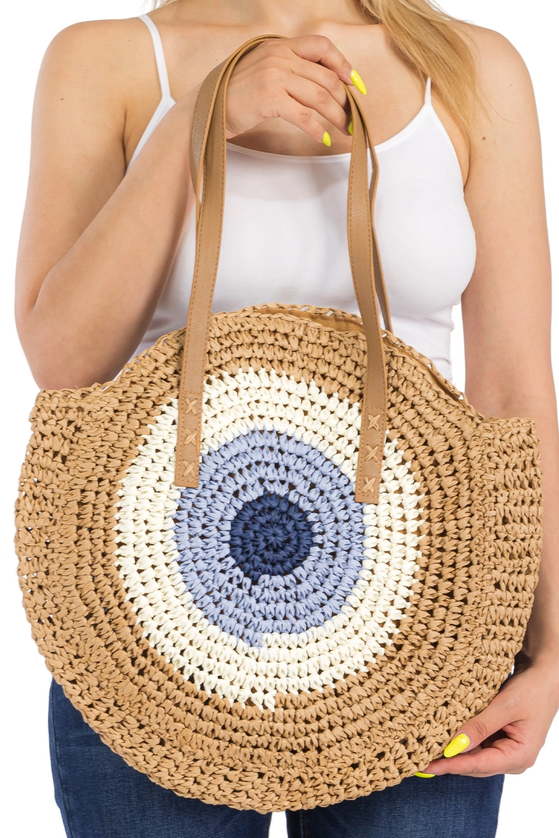 Boho Evil Eye Rattan Round Beach Tote