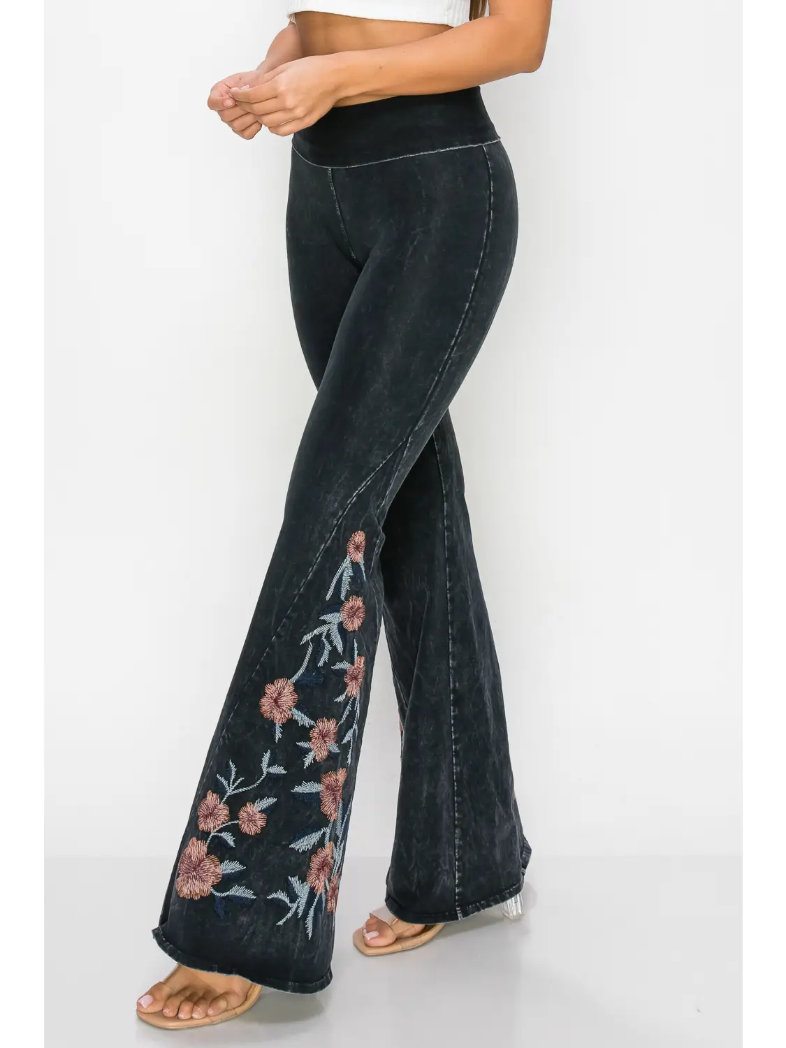 Mineral Wash Floral Embroidered Flare Pants