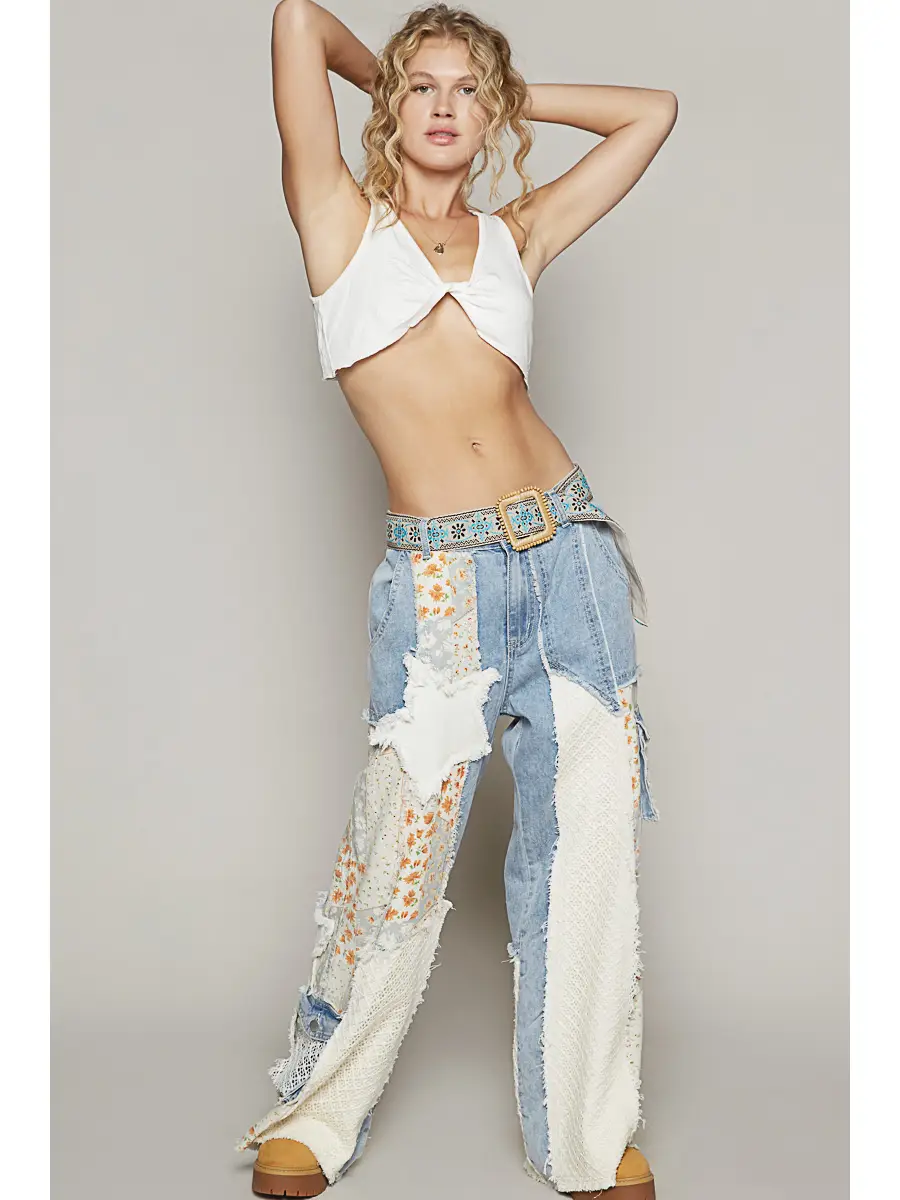 Printed Patchwork Detail Woven Twill Pants