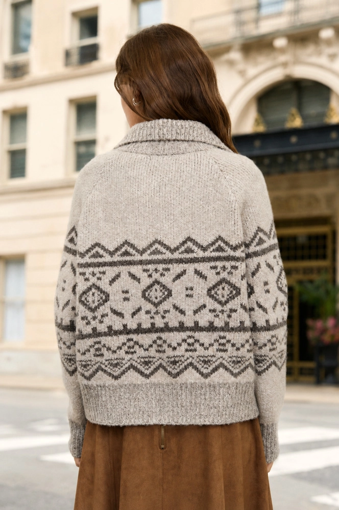Mock Neck Toggle Button Fair Isle Knit Cardigan
