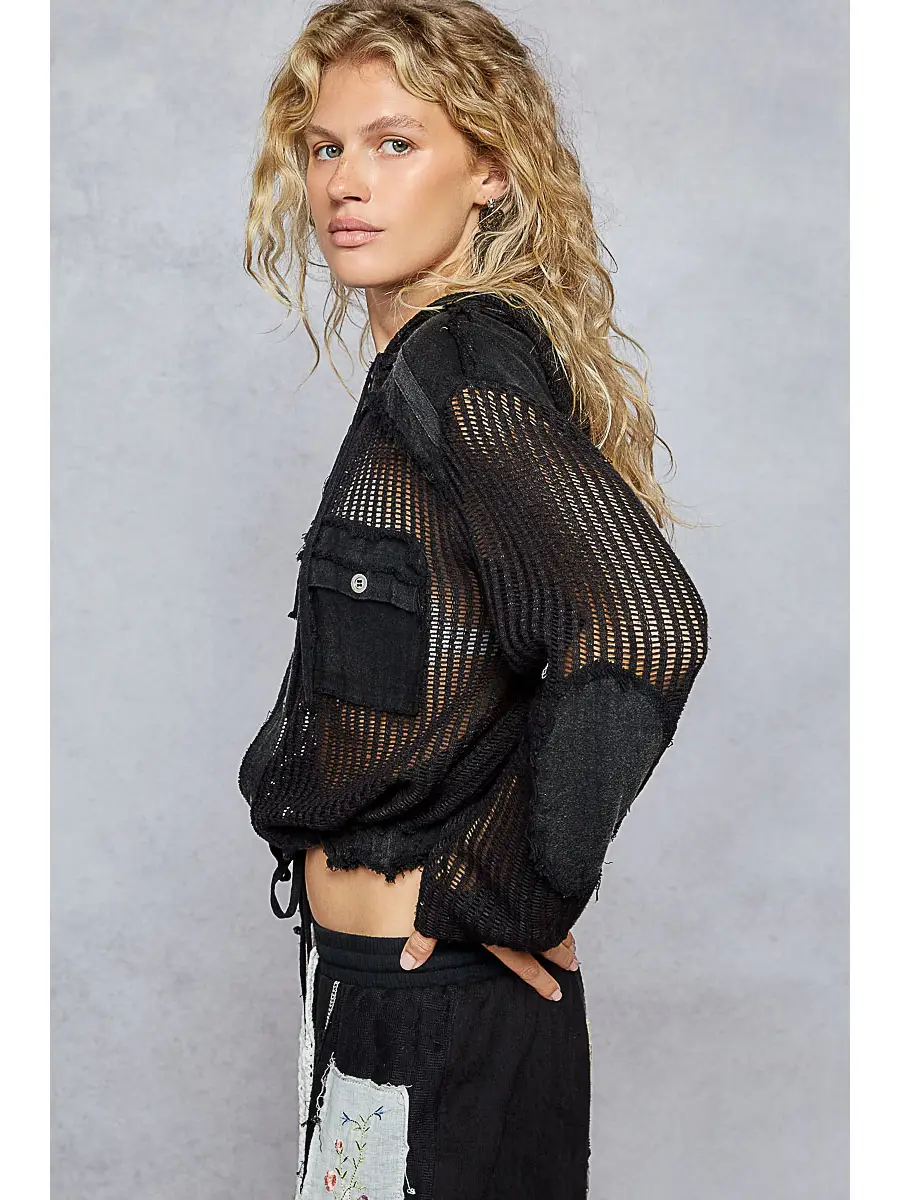 Open Knit Button Down Hooded Shirt