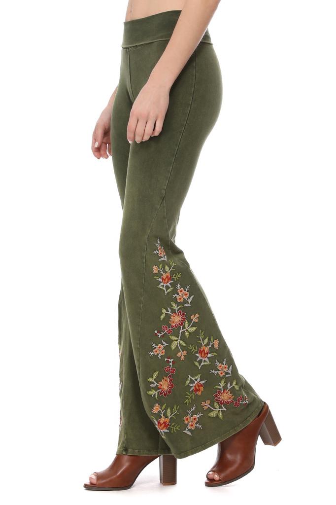 Mineral Wash Floral Embroidered Flare Yoga Pants