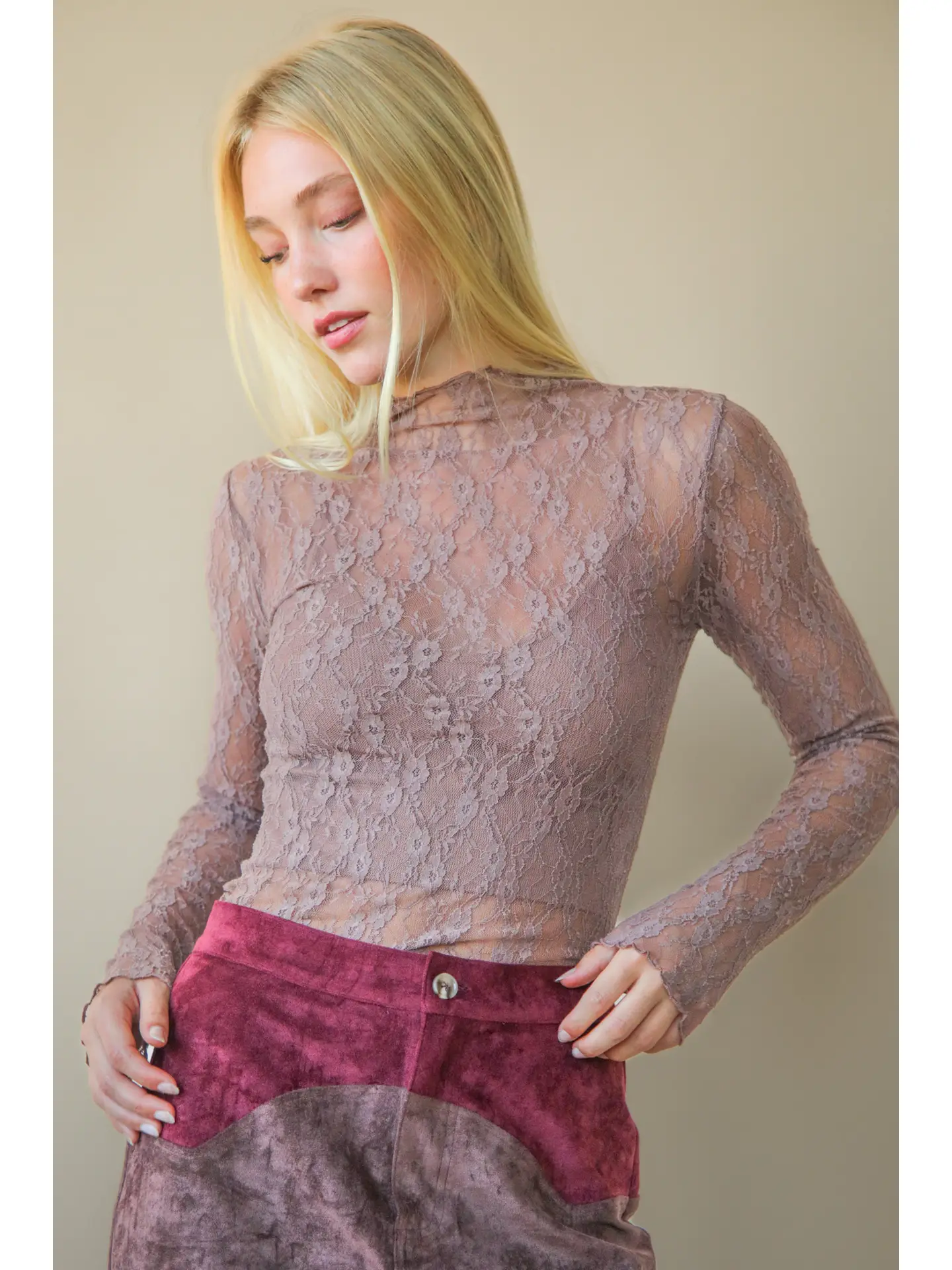 High Neck Sheer Mesh Lace Top