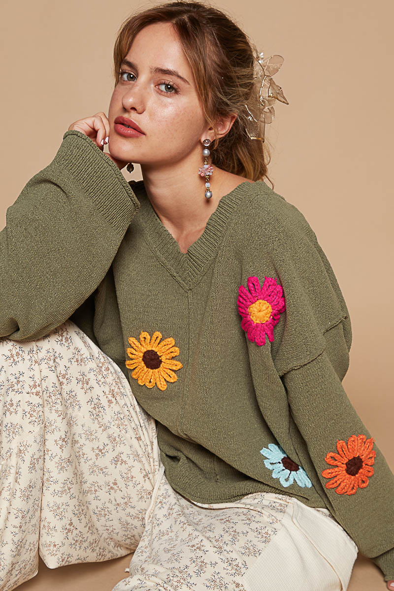 V-Neck Relaxed Fit Floral Patch Sweater