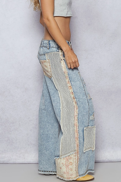 Stud Detail Woven Denim Pants